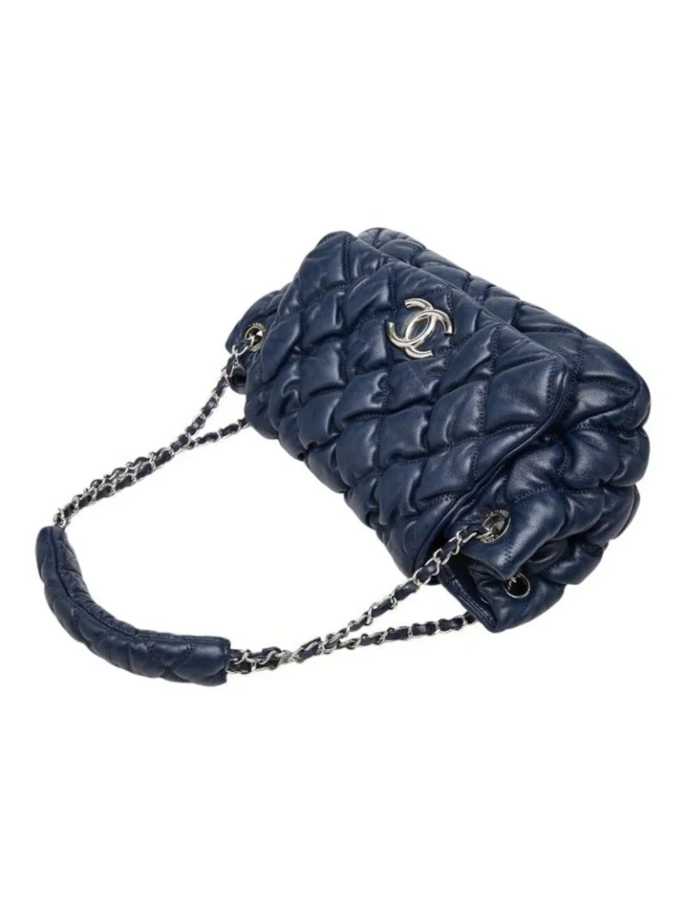 Chanel Quilted Bubble Quilt CC Logo Chain Shoulder Bag Navy Lambskin